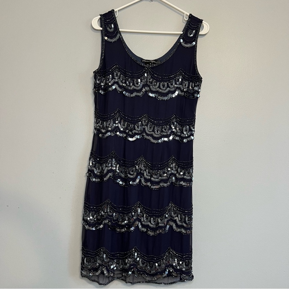 New Pisarro Nights Silk Sequins Beaded Sleeveless Lined Mini Dress Sz 6 Navy Blu